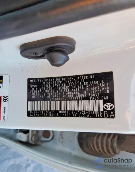 2016 Toyota Corolla L z USA, uszkodzony, nr VIN 5YFBURHE2GP536532